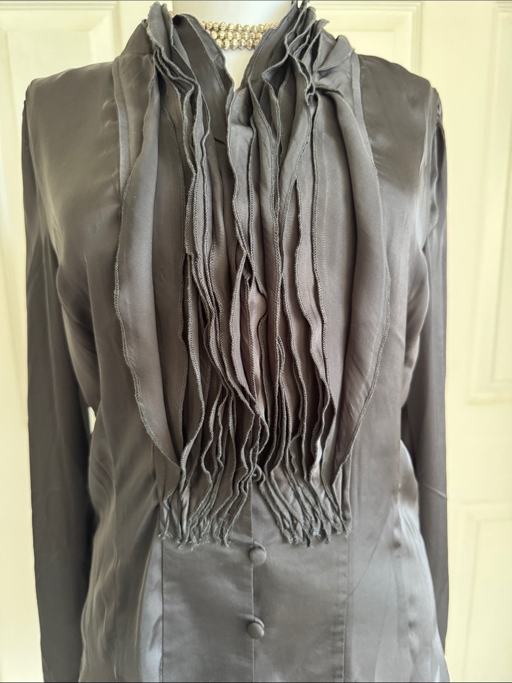 Lapis Gray Satin Ruffle-Front Blouse